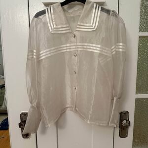Vintage French Sheer Blouse – Sailor Collar Organza Button-Up